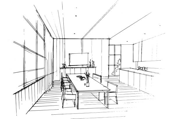 istock Drawing exterior and interior architectural lines. , Graphic assembly in architecture and interior design work. ,Sketch ideas for interior or exterior designs. 1954701061