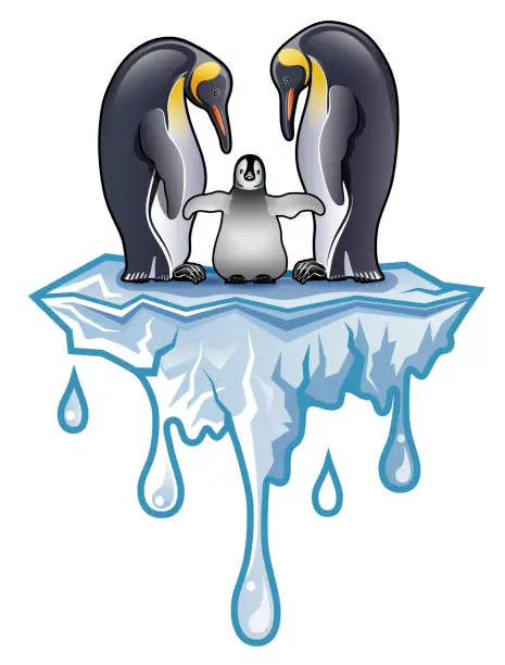 Vector illustration of Antarctica King penguin couple with chicken standing on melting Iceberg illustration