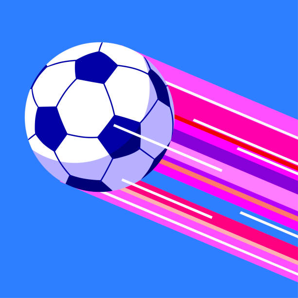 létající fotbalový míč s vícebarevnou svítící stopou v plochém stylu proti modré obloze - klubový-fotbal stock ilustrace