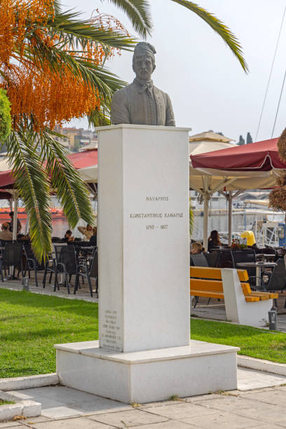 Kavala, Greece - October 22, 2023: Bronze Bust of Admiral Konstantinos Kanaris at Port Promenade.