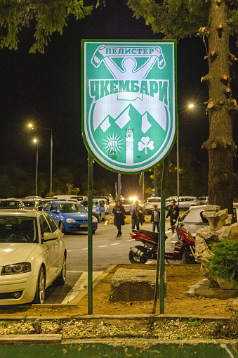 Bitola, North Macedonia - October 22, 2023: Football Club Ultras Group Supporters of Pelister Ckembari Illuminated Sign in Front of Stadium.
