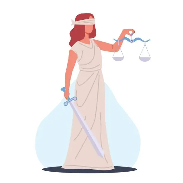 Vector illustration of Lady Justice. Blindfolded Themis with scales and sword. Greek goddess. Equality of legal punishment. Court judgement. Judges and attorneys god. Ancient mythical character. Vector concept