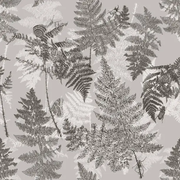 Vector illustration of Ferns & Insects seamless repeat pattern