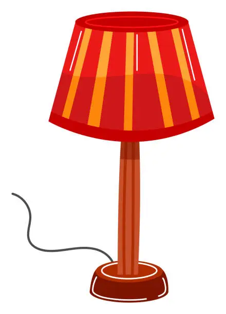 Vector illustration of Red striped table lamp with brown base and cord on white background. Simple and modern light fixture design vector illustration