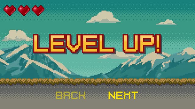 Animated pixel art banner with Level Up text and mountain landscape background.