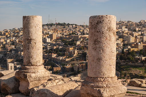 Citadel of Amman. View of city from height of hill on which citadel is located. Ancient Philadelphia or Amman Capital of Jordan.  City on hills.