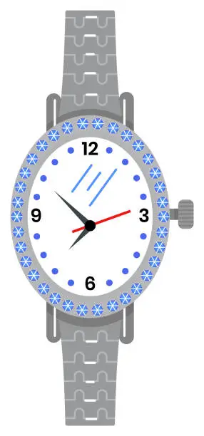 Vector illustration of Wristwatch with blue jewels, analog timepiece, grey strap. Modern accessory, time management tool vector illustration