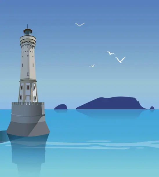 Vector illustration of Lighthouse against the backdrop of a sea landscape. Vector.