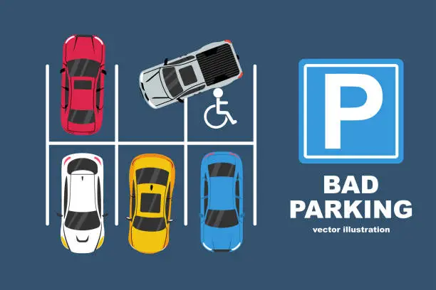 Vector illustration of Bad parking. Good and bad parking examples. Top view.
