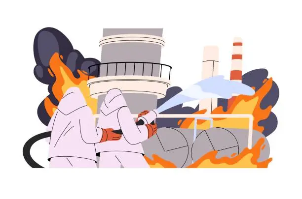 Vector illustration of Firefighters extinguish fire with gear, equipment. Fighting with emergency, industrial accident. Firemen in uniform put out flame in factory buildings. Flat isolated vector illustration on white