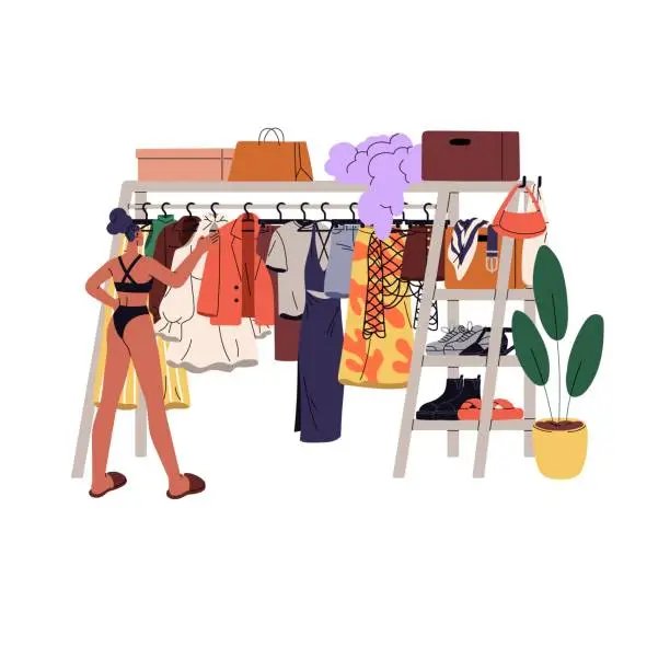 Vector illustration of Young woman choosing outfit back view. Wardrobe rod with clothes. Girl makes choice of apparel. Hanger rack, garment rail, shelves with shoes in closet. Flat isolated vector illustration on white