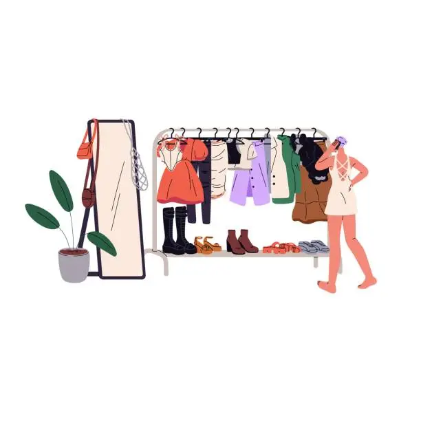 Vector illustration of Young woman choosing dress on wardrobe rod back view. Girl talks by phone, makes choice of outfit. Garments on hanger rack, rail. Decorated dressing room. Flat isolated vector illustration on white