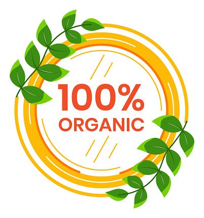Organic label with green leaves and orange circle. Eco friendly, natural product stamp design. Healthy lifestyle badge vector illustration.