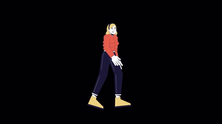 Blonde woman jogging in cold weather line 2D character animation