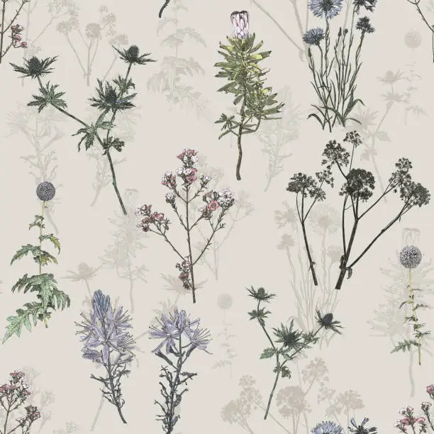 Vector illustration of Wild Flowers Seamless Repeat Pattern