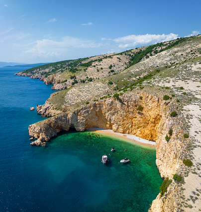 Aerial view of Adriatic Sea coastline with Golden bay beach (Krk Island).