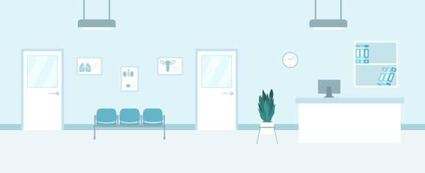 ilustraciones, imágenes clip art, dibujos animados e iconos de stock de sala de espera vacía en el hospital con mostrador de recepción, asientos y consultorios médicos - house business home interior research