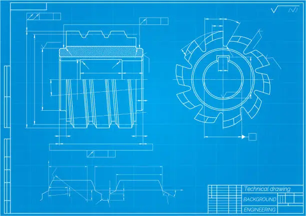 Vector illustration of Mechanical engineering drawings on blue background. Cutting tools, milling cutter. Technical Design. Cover. Blueprint.