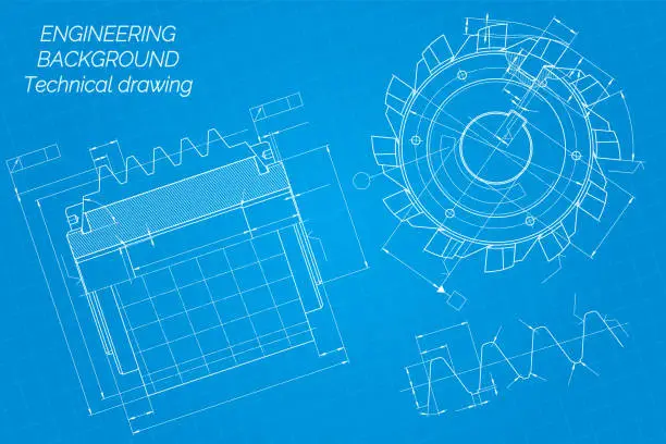 Vector illustration of Mechanical engineering drawings on blue background. Cutting tools, milling cutter. Technical Design. Cover. Blueprint.