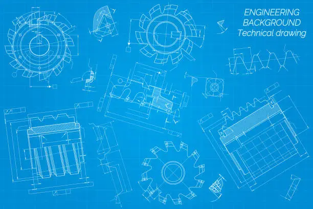 Vector illustration of Mechanical engineering drawings on blue background. Cutting tools, milling cutter. Technical Design. Cover. Blueprint.