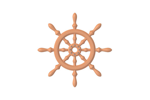 Ship wheel isolated on white background. Boat wooden steering. Ancient object. Top view. 3d render