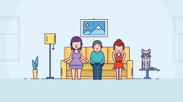 Vector illustration of Mother With two Child Sitting On Couch Together.