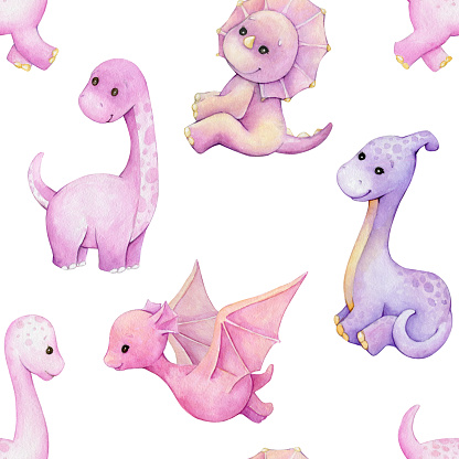 Cute dinosaurs, pink flowers, on an isolated background. Prehistoric animals in cartoon style, seamless pattern.