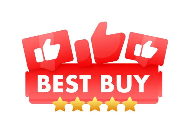 Vector illustration of Red vector banner with BEST BUY text, thumbs up icons and golden stars for top-rated products, customer satisfaction and quality assurance concepts