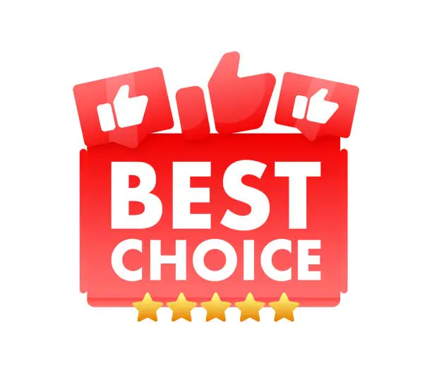 Vector illustration of Bright red BEST CHOICE vector label with thumbs up and golden stars, symbolizing top selection and consumer preference