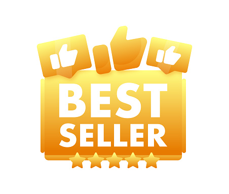 Golden BEST SELLER vector banner with thumbs up icons and stars indicating top sales, popularity, and high demand in the market.