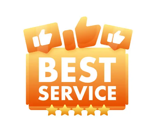 Vector illustration of Vibrant orange BEST SERVICE vector badge with thumbs up and star icons, representing excellent customer service and satisfaction