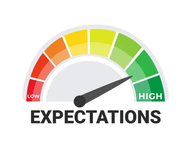 Vector illustration of Expectations Meter Graphic Showing Spectrum from Low to High   Project Management and Goal Setting Concept