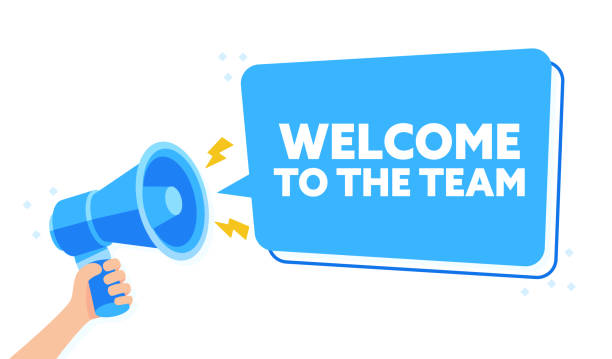 Cheerful Blue Welcome Message Illustration with WELCOME TO THE TEAM and Megaphone Cheerful Blue Welcome Message Illustration with WELCOME TO THE TEAM and Megaphone. welcome team stock illustrations