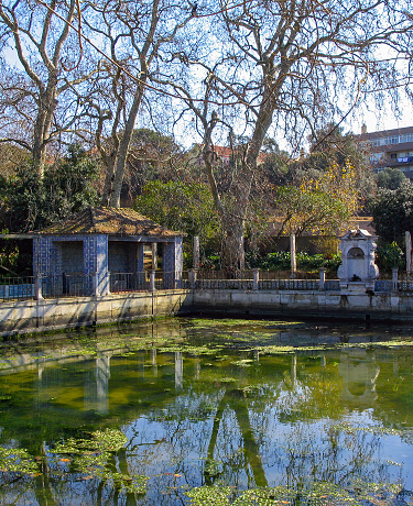 Seixal, Portugal: July 20th, 2023: The Tide Lake (Lago de Mare) in Quinta da Fidalga Palace and Gardens. Seixal, Setubal, Portugal.