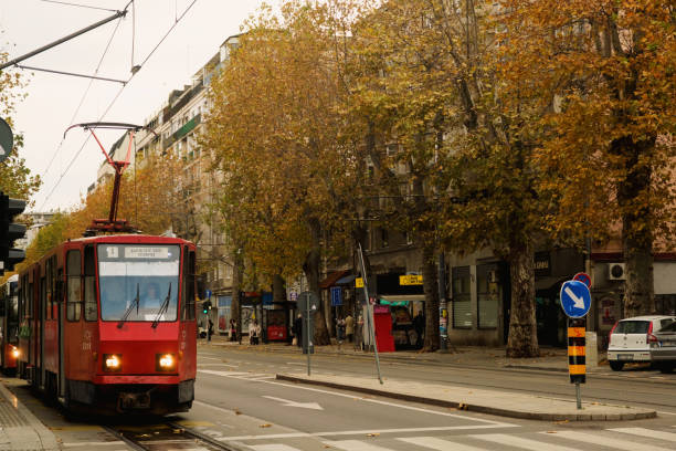 Belgrade, Serbia - December 2, 2023: Street view of the Kalemegdan area in Belgrade, Serbia, captured during the day featuring the historical tramway, showcasing the city's rich heritage and vibrant urban life