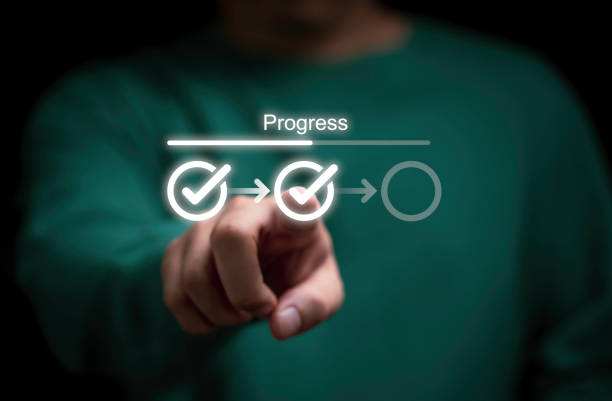 istock Businessman touching to tick correct mark in checklist with progressive loading status to remind work task progressive for project develop management and tracking concept. 1954827437