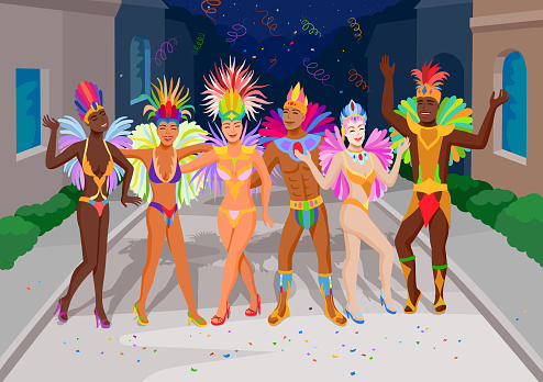 Vibrant vector illustration captures the lively spirit of Brazil's carnival, featuring a diverse group of people in colorful costumes representing various races. Men and women are adorned in feathered bikini dresses, contributing to the dynamic and festive atmosphere of the celebration.