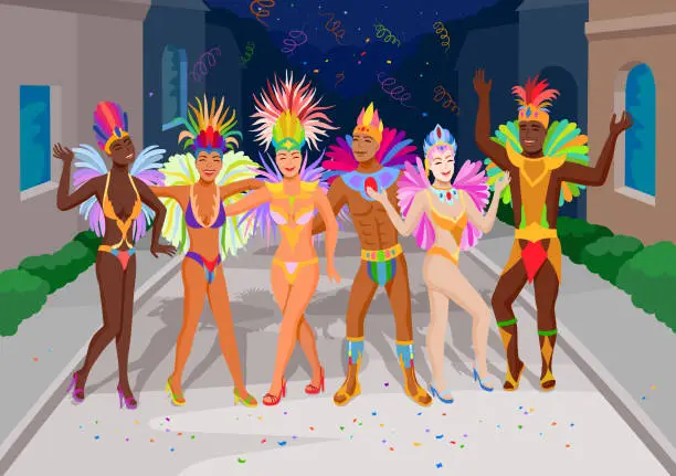 Vector illustration of Brazil Carnival, Colorful Diversity in Feathered Bikini Dresses