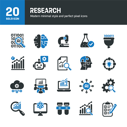 Research solid icons. Containing Machine learning, analyzing, sciene solid icons collection. Vector illustration. For website design, logo, app, template, ui, etc.