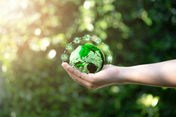 businessman holding green scrap paper ball with world map and environment icon such as carbon reduction green factory recycle and solar cell for zero carbon emission credit to prevent global warming. - recycling carbon footprint footprint sustainable resources foto e immagini stock