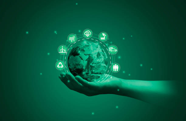 Businessman holding world map with environment icon such as carbon reduction green factory recycle and solar cell for zero carbon emission credit to prevent global warming, World Element from NASA. hombre de negocios sosteniendo un mapa mundial con un icono del medio ambiente, como la reducción de carbono, el reciclaje de fábrica verde y la célula solar para obtener un crédito de cero emisiones de carbono para evitar el calentamiento global, worl