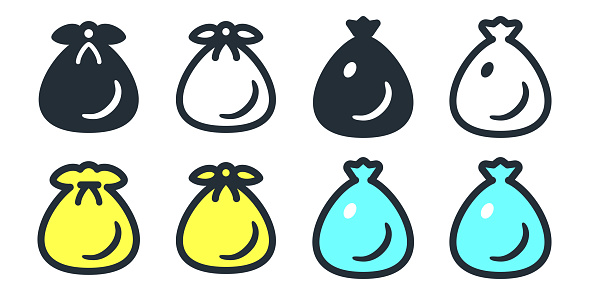 Garbage in black plastic bag, yellow and blue garbage bag collected by cleaning, cute icon vector illustration material