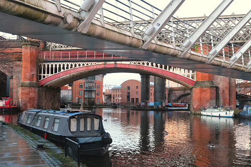 Manchester, United Kingdom - 12 29 2023 : Barge in the Castlefield district