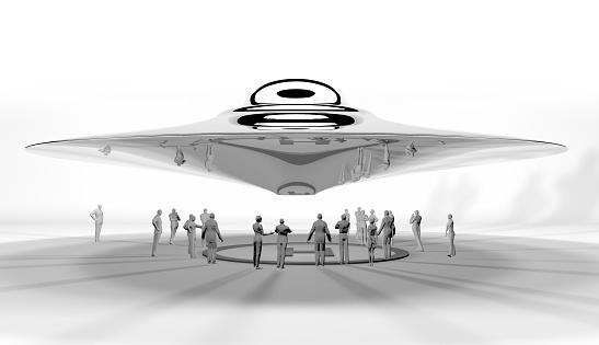 A captured UFO is reverse engineered and flown to Area 51. The ufo, which takes off thanks to artificial anti-gravity, is kept secret from the public. Scientists and military officials are trying to understand its technology by conducting flight tests and research on the captured UFO. / You can see the animation movie of this image from my iStock video portfolio. Video number: 1947339970