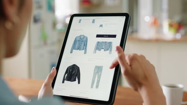 Hands, home and tablet screen for fashion e commerce, search catalog and online shopping cart or choice. Person or scroll on digital technology for user experience, trendy clothes and click on order