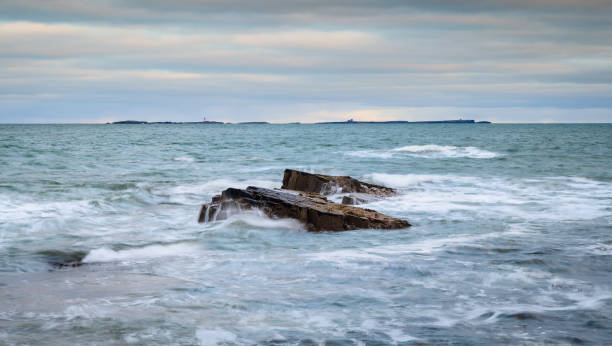 harkess rocks mit den farne-inseln dahinter - bamburgh northumberland england white beach stock-fotos und bilder