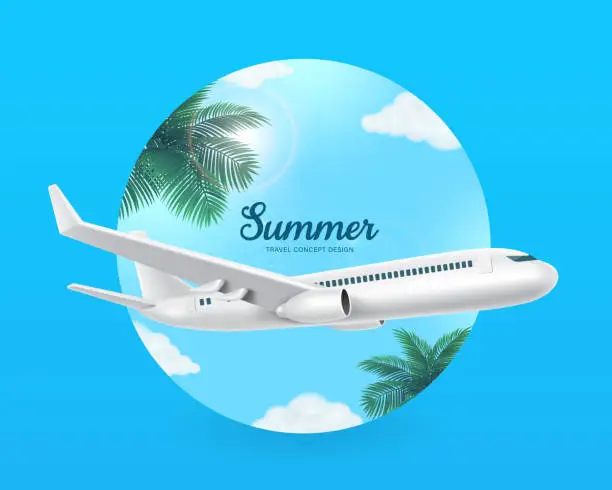 Vector illustration of Passenger air plane transporting tourists take off or land over view of bright sky with soft sunlight hitting coconut trees by sea for summer travel design
