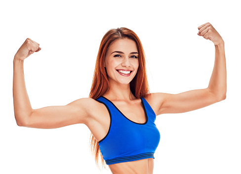 Cheerfully smiling woman doing exercise , isolated on white background