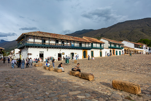 Villa de Leyva, Colombia - November 20th 2023: Colonial town with Plaza Mayor, largest stone-paved square in South America, narrow streets, whitewashed buildings and historical UNESCO architecture.