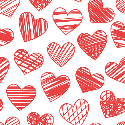 Textured hand drawn heart pattern for valentine day wallpaper or wrapping paper red and white backgorund design